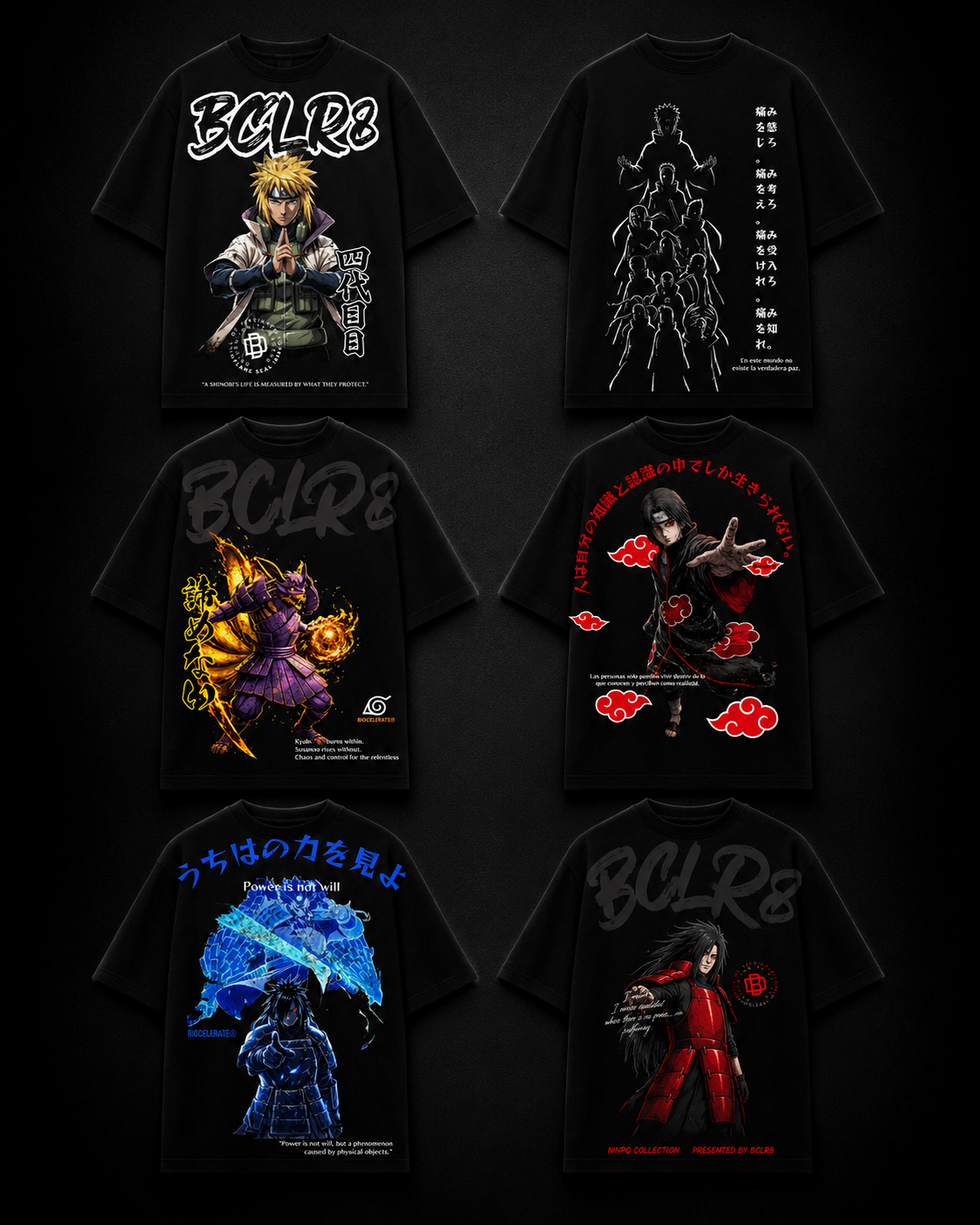 Pack Shinobi — 6 playeras Naruto de Biocelerate, montaje de producto premium sobre fondo negro