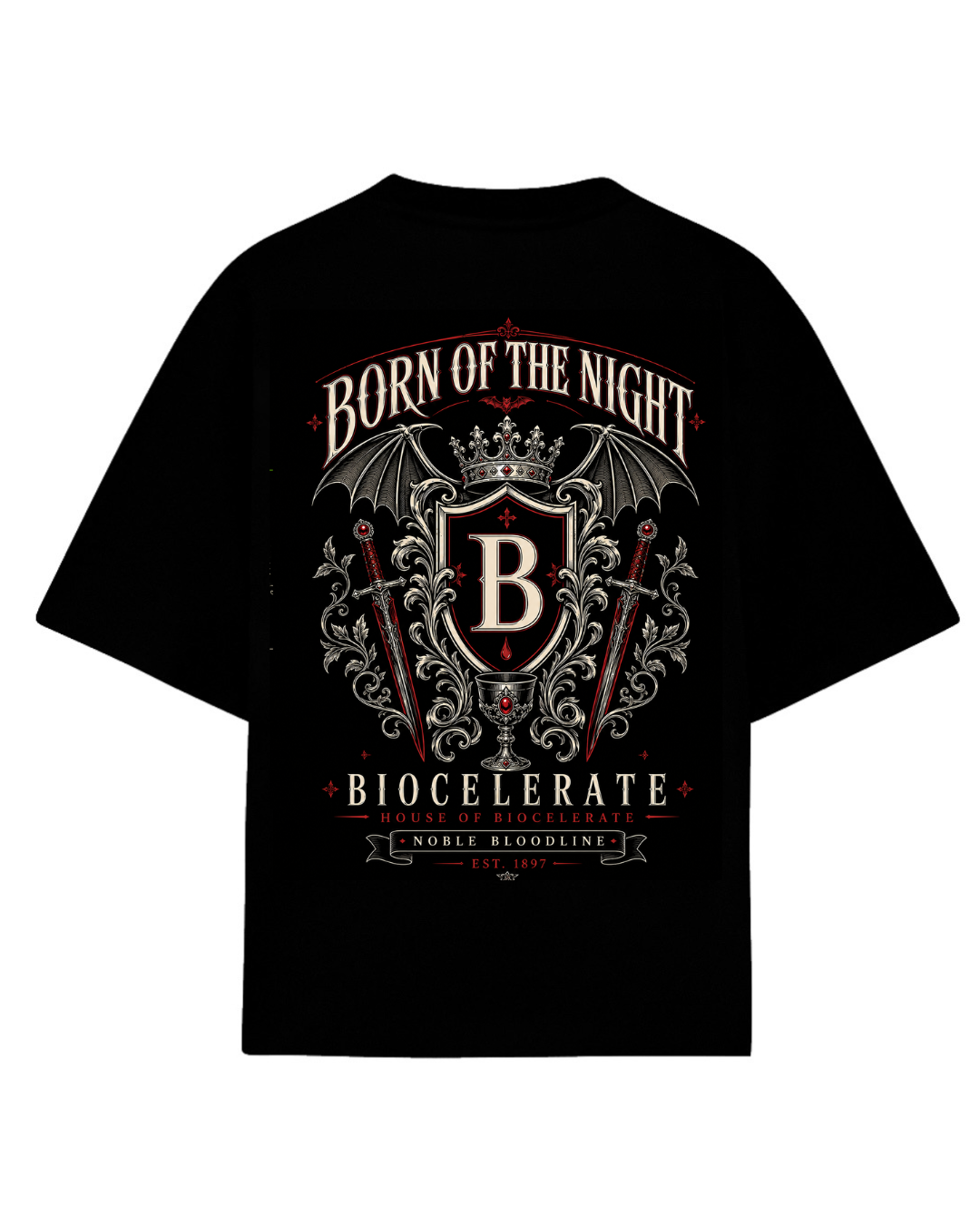 Playera oversize negra Born of the Night escudo vampiro - Cult Frames Biocelerate