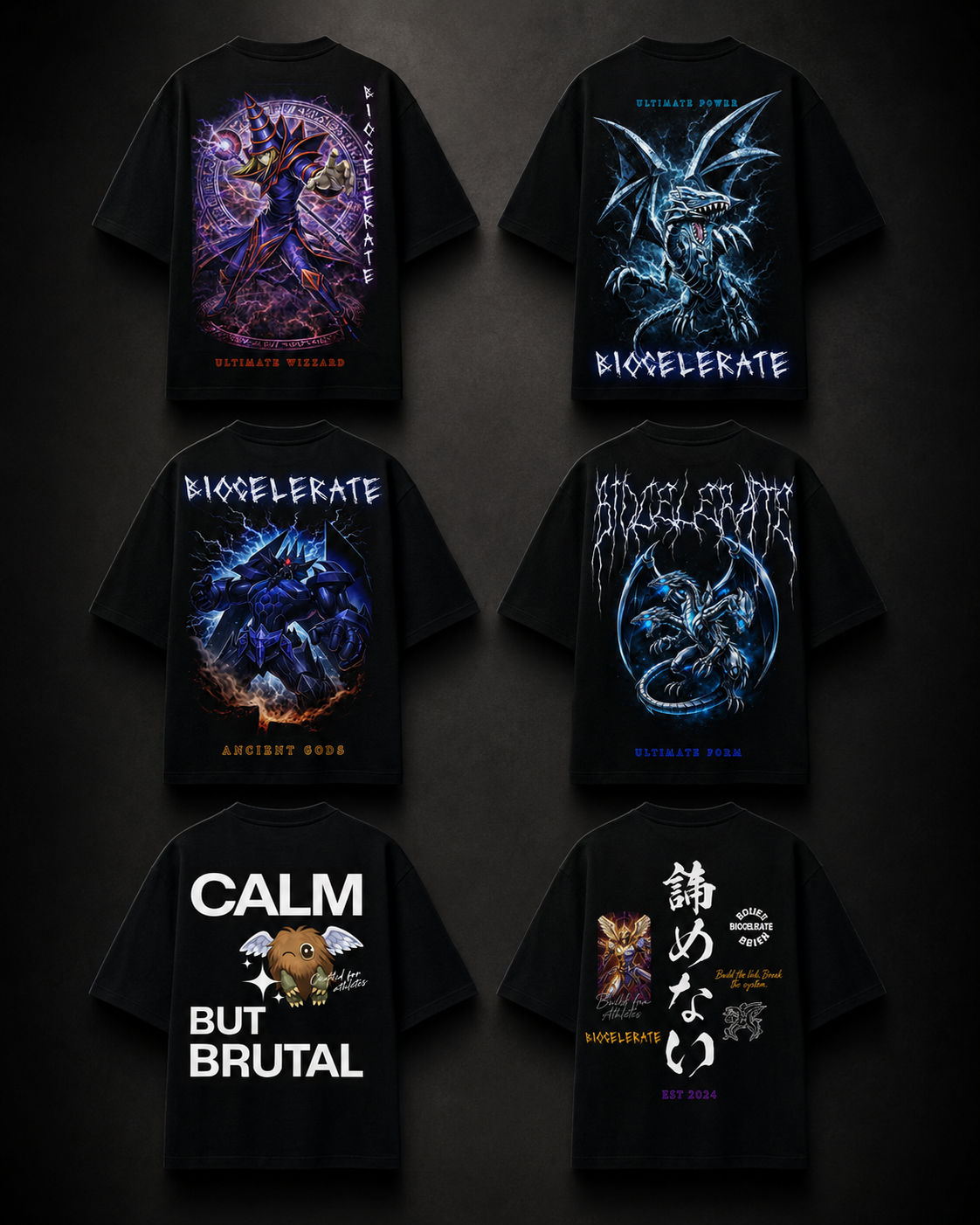 Pack Duelista — 6 playeras Yu-Gi-Oh de Biocelerate, montaje de producto premium sobre fondo negro