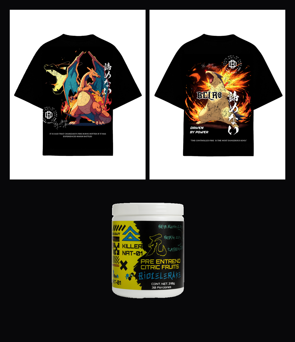 Pack Inferno — 2 playeras Fire Collection 300gsm (Kanto y Johto) + preentreno Killer Nat de Biocelerate sobre fondo negro
