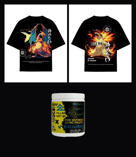Pack Inferno — 2 playeras Fire Collection 300gsm (Kanto y Johto) + preentreno Killer Nat de Biocelerate sobre fondo negro