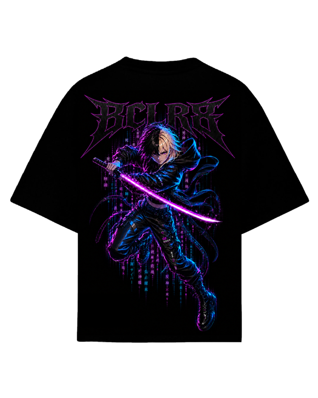 Playera oversize negra Radiance Cursebound 26 espadachin neon - Biocelerate Recode