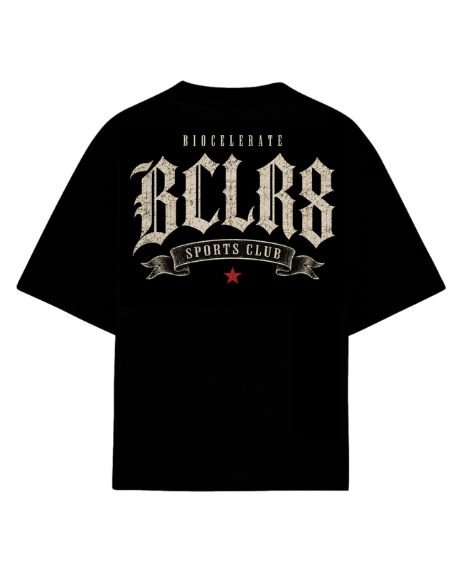 Playera oversize negra BCLR8 Sports Club letra gotica - Biocelerate Sports Club