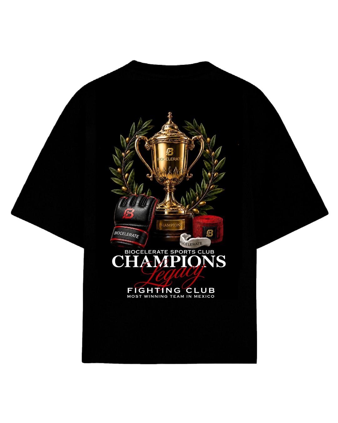 Playera oversize negra Champions Legacy Fighting Club trofeo - Biocelerate Sports Club