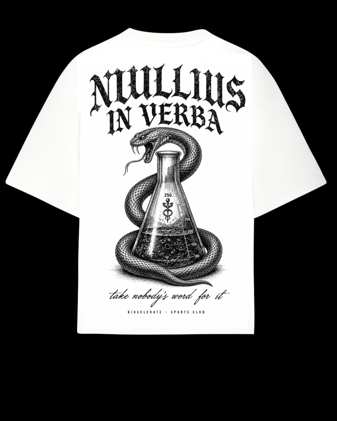 Playera oversize hueso Nullius in Verba serpiente y matraz - Biocelerate Sports Club