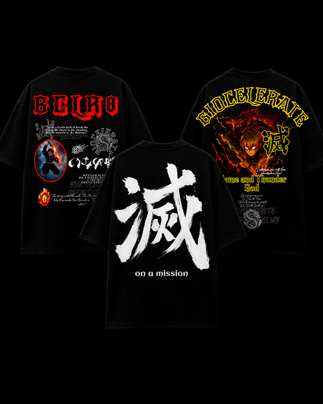 Pack Slayer — 3 playeras Infinity (sol, trueno, katana) de Biocelerate, montaje de producto premium sobre fondo negro