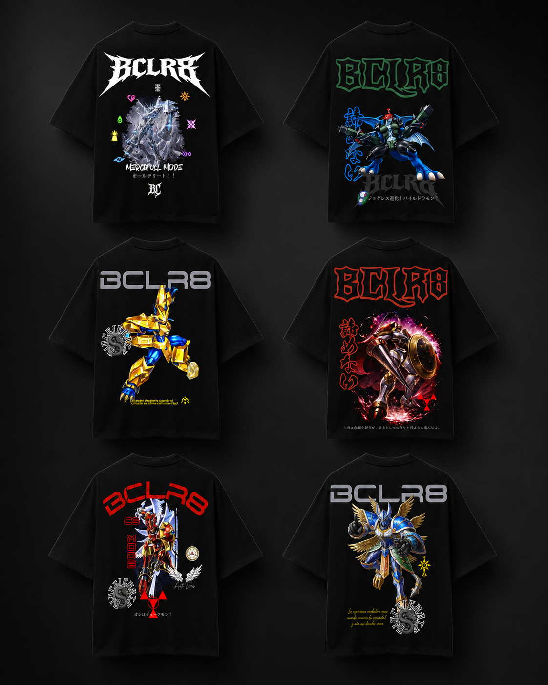 Pack Tammer — 6 playeras Digimon de Biocelerate, montaje de producto premium sobre fondo negro