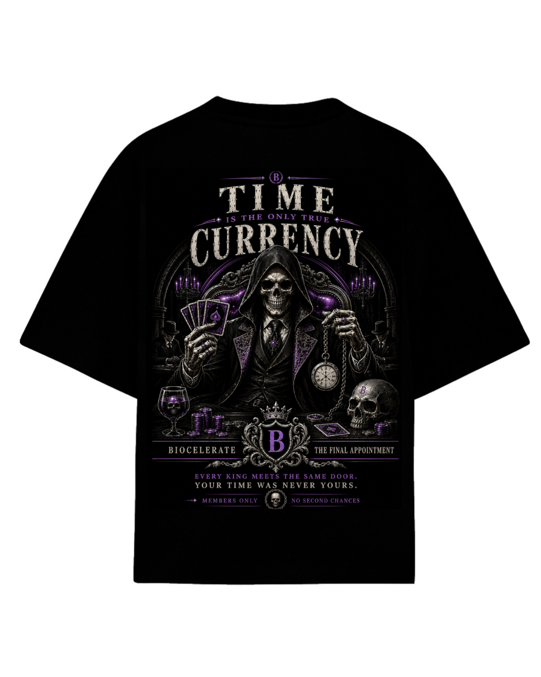 Playera oversize negra Time is the only true currency muerte - Cult Frames Biocelerate