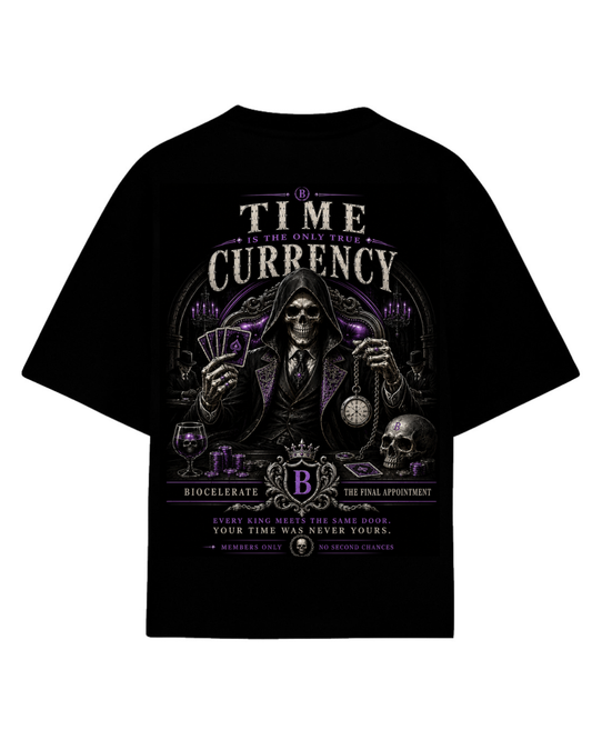 Playera oversize negra Time is the only true currency muerte - Cult Frames Biocelerate